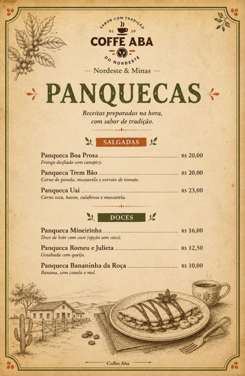 Cardápio impresso de panquecas; itens e preços também disponíveis em texto nesta seção